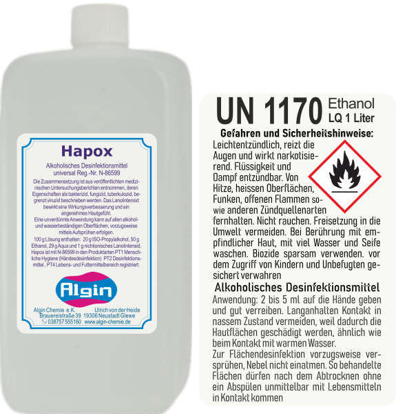 Hapox Hände-desinfektionsmittel 1000 ml Reg N86599 Lebensmittel Desinfektionsmittel